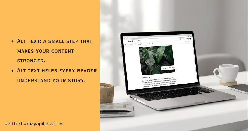 A laptop showing a blog editor with the alt text field highlighted to explain alt text for images.
