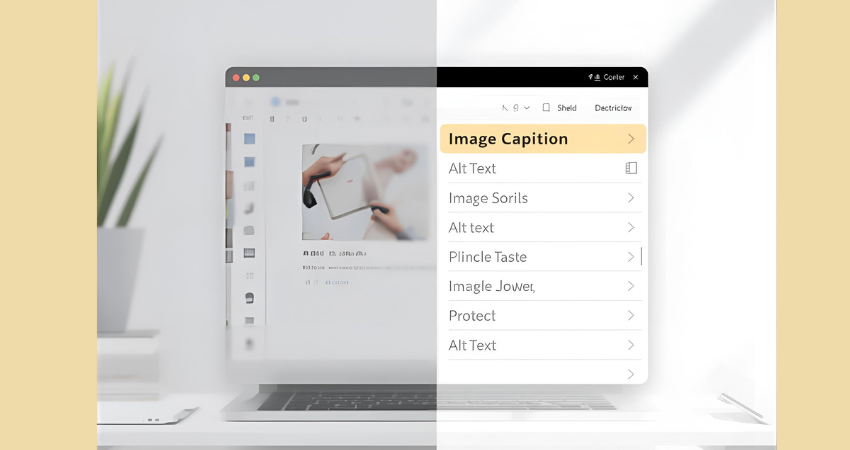Clean vector showing an image thumbnail with a hidden alt text label above it and a caption line below it.