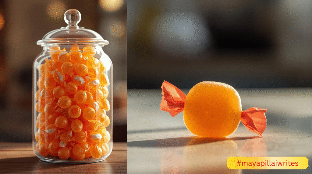 Orange candy jar with a candy outside