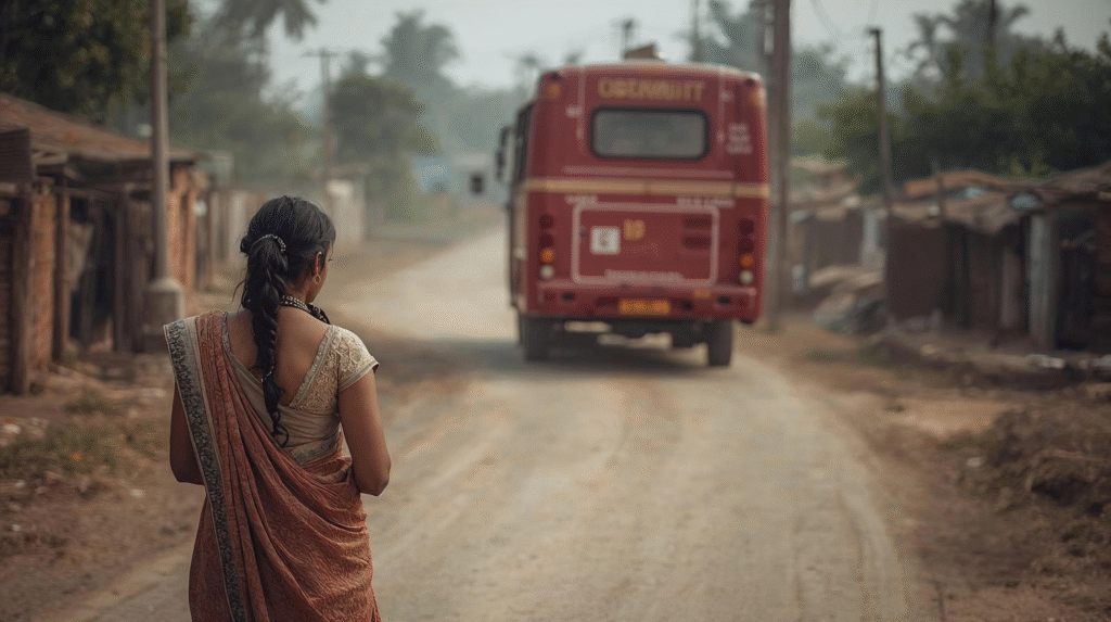Woman missed the bus is gazing at the back of the bus