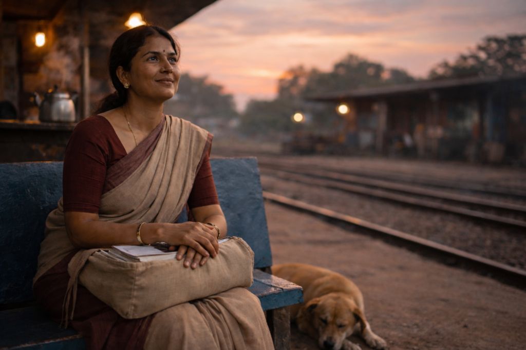 Woman in saree with stray dog at sunset