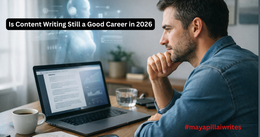 Content writing career in 2026 workspace showing a modern writer at a desk with laptop displaying a blog draft and SEO analytics, notebook and coffee beside it, and a subtle AI assistant interface glowing in the background.