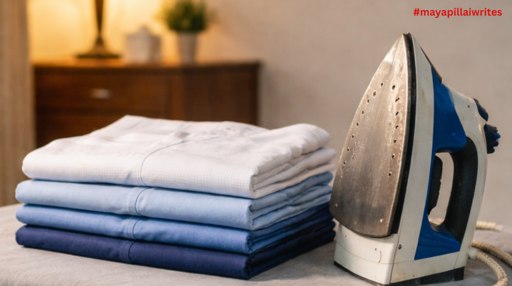 ironing board, iron box and pressed clothes