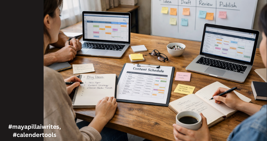 Small blog content team planning an editorial calendar with laptops, notebooks, and a publishing schedule on a desk.