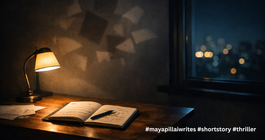 A dimly lit writer’s desk at night with an open notebook filled with handwritten notes and a pen resting across the pages. A warm desk lamp illuminates the notebook while the rest of the room fades into shadow, with faint abstract shadows on the wall and blurred city lights visible through a nearby window.