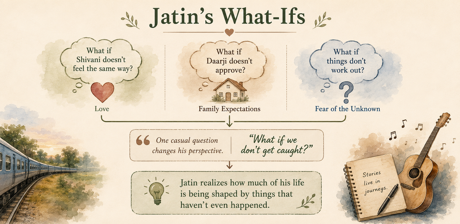 Jatin’s “what-ifs” about love, family expectations, and the unknown, and how a chance conversation during a train journey changes his perspective.